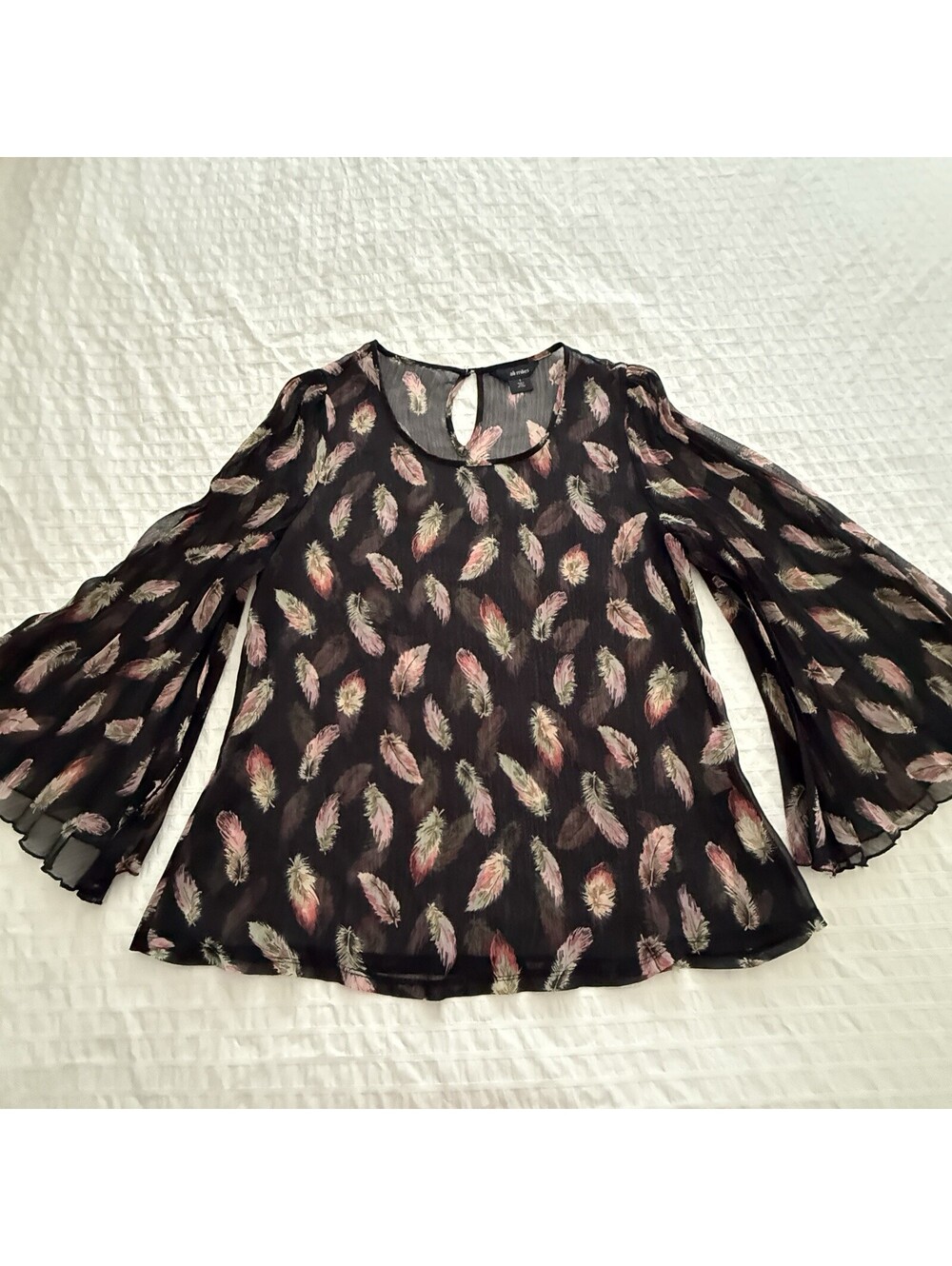 Ali Miles Feather Print Sheer Chiffon Blouse Sz S Small Bell Sleeve Top